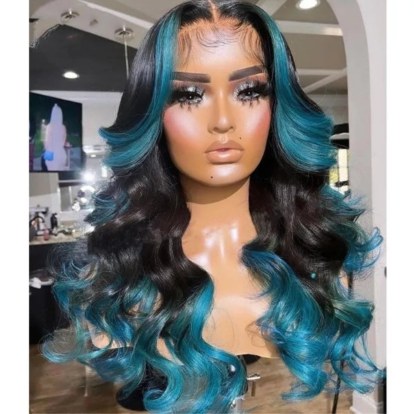 Highlight Blue Colored 13x4 Body Wave Lace Front Wigs For Human Hair Wigs PrePlucked Brazilian Remy Wavy With Baby Hair