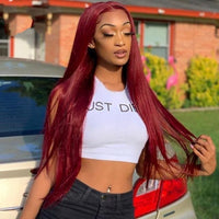 Lace Front Human Hair Wigs 99J Red Straight Malaysian Remy Human Hair Deep Part Wig Pre Plucked Baby Hair 28 inch 150% density