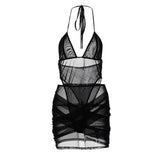 Mesh Two Piece Set Women Summer Sexy Halter Bodysuit+Mini Skirt