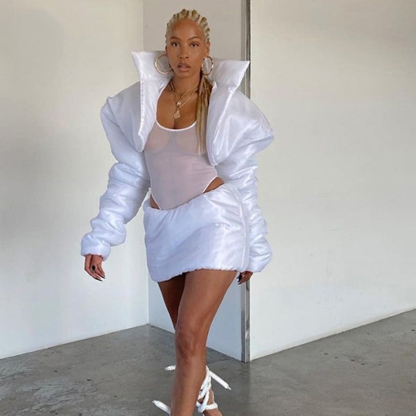 White 2 Piece Women Sets Long Sleeve Mock Neck Jacket outerwear+Mini Skirts Set