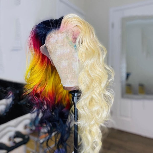 HALf Blonde Half Rainbow Ombre Lace Front Human Hair Wigs  Pre Plucked Brazilian Remy Transparent Lace Wigs