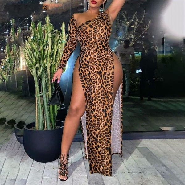 One Shoulder Sexy High Slit Party Club Leopard Dress