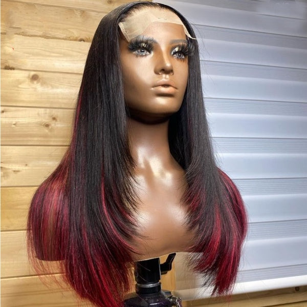 Layered Long Bob Pu Silk Base Lace Closure Wigs 4.5x5.5 Red Color Highlight Human Hair Wigs Burgundy