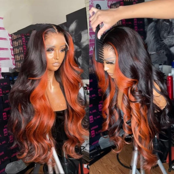 Ginger Highlight Human Hair Wavy 13X4 Lace Front Wig Human Hair Wigs Highlight Orange Color Brazilian Remy Wigs