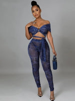 Jean Print Mesh Set Lace Up Crop Tops and Pants Suit Tracksuit Two Piece Set 2 piece