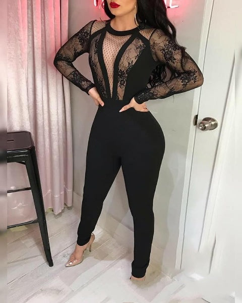 Black Lace Sheer Mesh Hollow Out Sexy Jumpsuit bodysuit