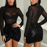 Mesh Sheer Bodycon Long Party Clubwear Sequined Short Mini Dress - Divine Diva Beauty