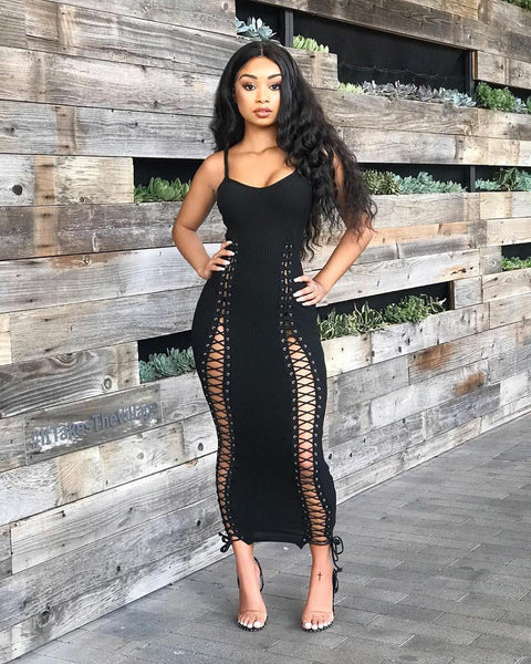 Spaghetti Strap  Long Dress  Knitted Ribbed - Divine Diva Beauty
