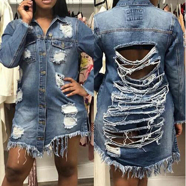 Hole Patch Denim Long Sleeve Ripped Distressed Denim Outerwear - Divine Diva Beauty