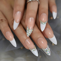 Custom Press On Nails AB Crystal Pre-designed French Tip Stiletto Long White Nude Crafted Faux Ongles Kit 24 - Divine Diva Beauty