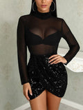 Mesh Sheer Bodycon Long Party Clubwear Sequined Short Mini Dress - Divine Diva Beauty