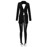 Lace Up Blazer Backless 2 Piece Pants Set Tassel Eyelet Embellished Buckle V Neck Outwear - Divine Diva Beauty