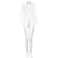 Lace Up Blazer Backless 2 Piece Pants Set Tassel Eyelet Embellished Buckle V Neck Outwear - Divine Diva Beauty