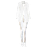 Lace Up Blazer Backless 2 Piece Pants Set Tassel Eyelet Embellished Buckle V Neck Outwear - Divine Diva Beauty