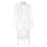 Lace Up Blazer Backless 2 Piece Pants Set Tassel Eyelet Embellished Buckle V Neck Outwear - Divine Diva Beauty