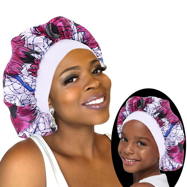 2 pcs/ set Satin Bonnet Sleep Cap Mommy and Me Girl's African Print Child Turban Hair Cover Baby  Hair Accessories - Divine Diva Beauty
