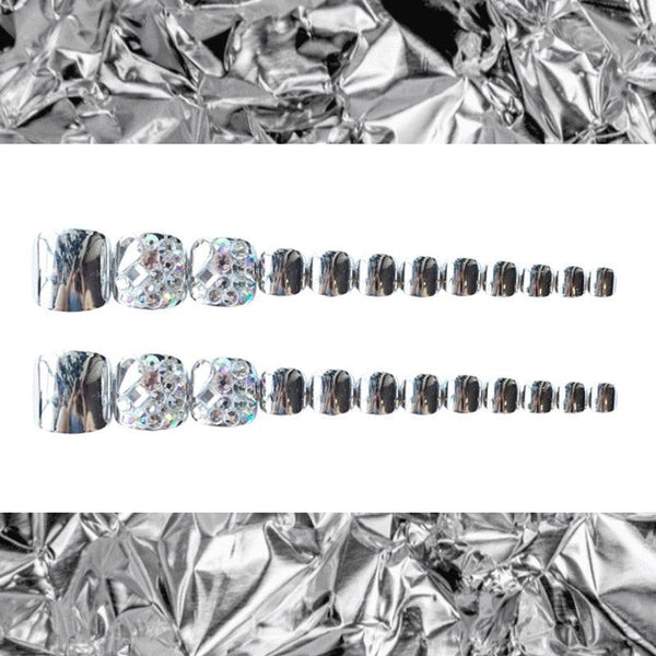 24pcs Silver Punk Fake Nails Press on Foot Nails Artificial Toe Nails Fully Covered With Diamonds 2020 New Design Manicure - Divine Diva Beauty