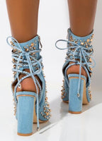 11+ Light Blue Jeans Rivets Slingback Short Boots - Divine Diva Beauty