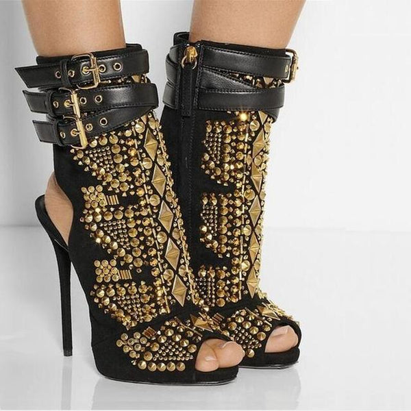 Gladiator  Boots High Heels Open Toe Buckle Rivet Stud Ankle Boots - Divine Diva Beauty
