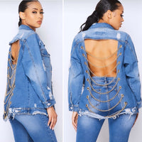 Back Chains Hollow Out Long Denim Jacket outerwear plus size avail - Divine Diva Beauty