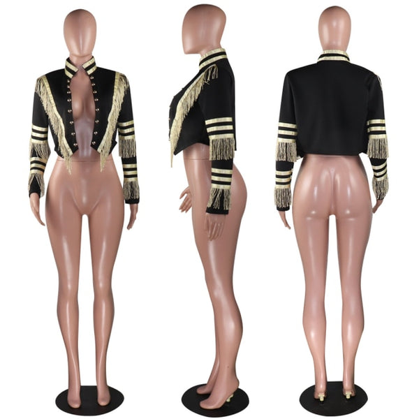 Gold Strip Tassel Coat Female Long Sleeve Military Golden Stripes Plus size avail outerwear - Divine Diva Beauty