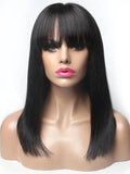 100% Human Hair Wig With Bangs Short Bob Human Hair Wigs Brazilian Straight Black 30 Inch Long Fringe Wig - Divine Diva Beauty