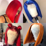 Lace Part Human Hair Wigs Short Bob Wigs 150% Brazilian Human Hair Wig Blue Orange Red 13x1 Lace Frontal Wigs - Divine Diva Beauty