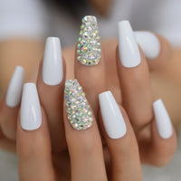 Trapezoid French Nail Crystal AB Shine Decorative False Nails Long Ballerina Rhinestones Press On Fingernail - Divine Diva Beauty