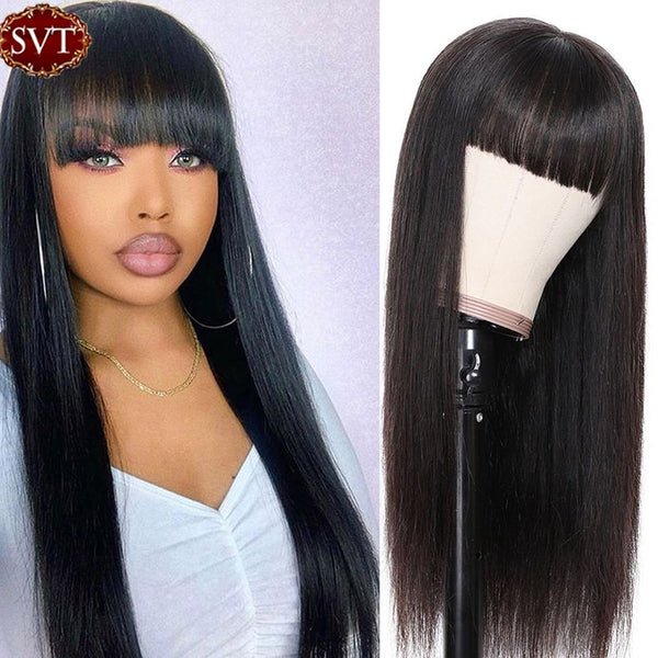 SVT Indian Straight Wig With Bangs Natural Color Remy  Human Hair - Divine Diva Beauty