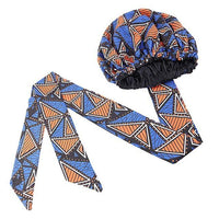 African Print Satin Bonnet With Long Ribbon Wrap Double Layer Headwrap Ankara Pattern Women Hair Cover Large Size Hair Wrap Cap - Divine Diva Beauty