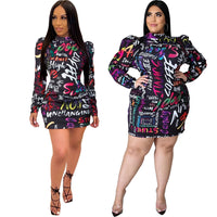 Plus Size avail Dresses Woman S-5xl Party Turtleneck Letter Print Zipper Back Sexy Mini Dress - Divine Diva Beauty