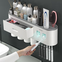 Magnetic Adsorption Inverted Toothbrush Holder Double Automatic Toothpaste Squeezer Dispenser Storage Rack Bathroom Accessories - Divine Diva Beauty