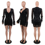 Glitter Sexy Sequin Dress Women Party Night Club Bodycon Dress Feather Flare Sleeve V-neck - Divine Diva Beauty