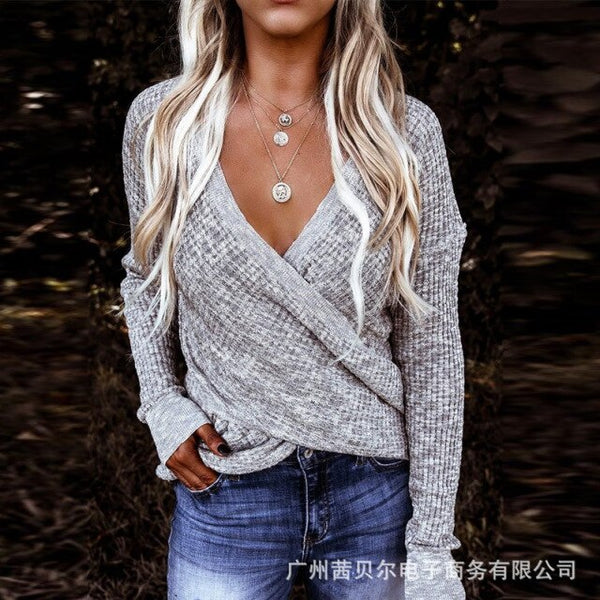 V-neck Solid Color Knitted Pullovers sweater shirt - Divine Diva Beauty