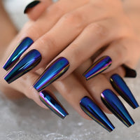 Chrome Diamond Blue Press On Fingernails Metallic Mirror Holo Fake Nails Extra Long Ladies Designed Tips for Finger - Divine Diva Beauty