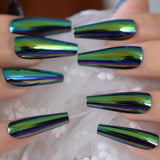 Chrome Diamond Blue Press On Fingernails Metallic Mirror Holo Fake Nails Extra Long Ladies Designed Tips for Finger - Divine Diva Beauty