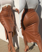 Leather Midi Skirt Solid Color High W lace up pencil - Divine Diva Beauty