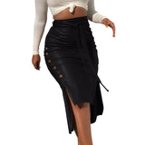 Leather Midi Skirt Solid Color High W lace up pencil - Divine Diva Beauty
