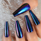 Shiny Punk Style Metallic Light Purple False Fake Nails Metal Plating Acrylic Short Reflective Mirror Press on Nail Art Tips - Divine Diva Beauty