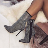Glitter Crystal Boots High Heels Pointed Toe Ankle Boots Shoes - Divine Diva Beauty