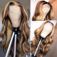30 Inch Highlight Human Hair Wigs Body Wave Lace T Part Wig Peruvian Hair Remy 13x1 Ombre Honey Blonde And Brown Highlight Wig - Divine Diva Beauty