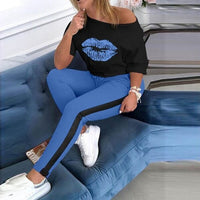 women lips print two piece set off shoulder tee- top pencil jogger sweatpants plus size avail - Divine Diva Beauty