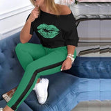 women lips print two piece set off shoulder tee- top pencil jogger sweatpants plus size avail - Divine Diva Beauty