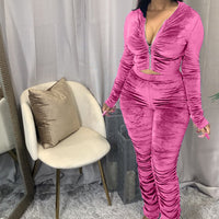 Velvet Tracksuit Two Piece Set Runched Hoodies Jacket Stacked Pants Joggers Sweat Suits plus size avail - Divine Diva Beauty