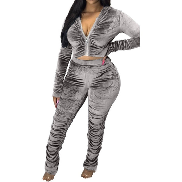 Velvet Tracksuit Two Piece Set Runched Hoodies Jacket Stacked Pants Joggers Sweat Suits plus size avail - Divine Diva Beauty