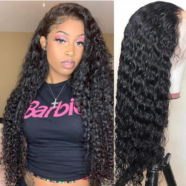 30 Inch Deep Wave Frontal Wig Transparent Lace 13x4 Curly Human Hair - Divine Diva Beauty