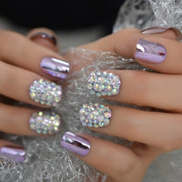 Shiny Punk Style Metallic Light Purple False Fake Nails Metal Plating Acrylic Short Reflective Mirror Press on Nail Art Tips - Divine Diva Beauty