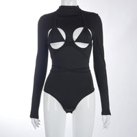 Sexy Black Hollow Out Long Sleeve Bodysuit - Divine Diva Beauty
