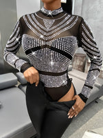 Women Sexy Mesh Transparent Glitter Rhinestone Long Sleeve Bodysuits - Divine Diva Beauty
