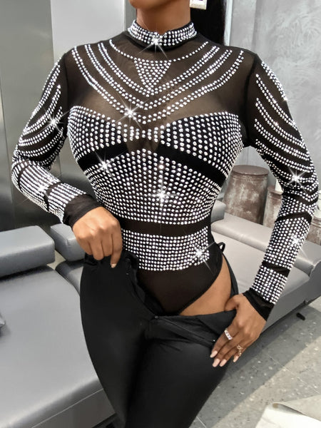 Women Sexy Mesh Transparent Glitter Rhinestone Long Sleeve Bodysuits - Divine Diva Beauty